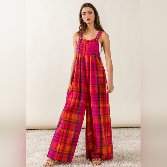 Vintage plaid wide leg jumpsuits - Picture 2 of 9